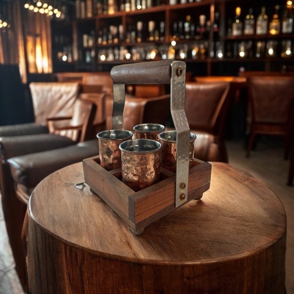 Other - Hammered Copper Shot Glasses in Wooden Caddy